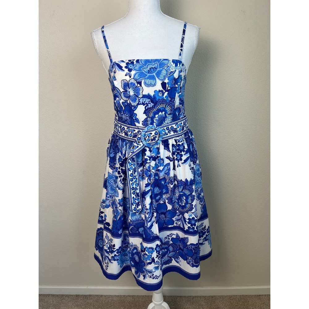 Joie Cotton Midi Dress 4 Blue White Floral Belt Pockets Sun Dress Tea Party Chic